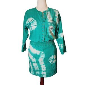 VTG Bridge Sportswear Co. Cotton Teal/White Tie-Dye Smocked Waist Dress Size‎ L